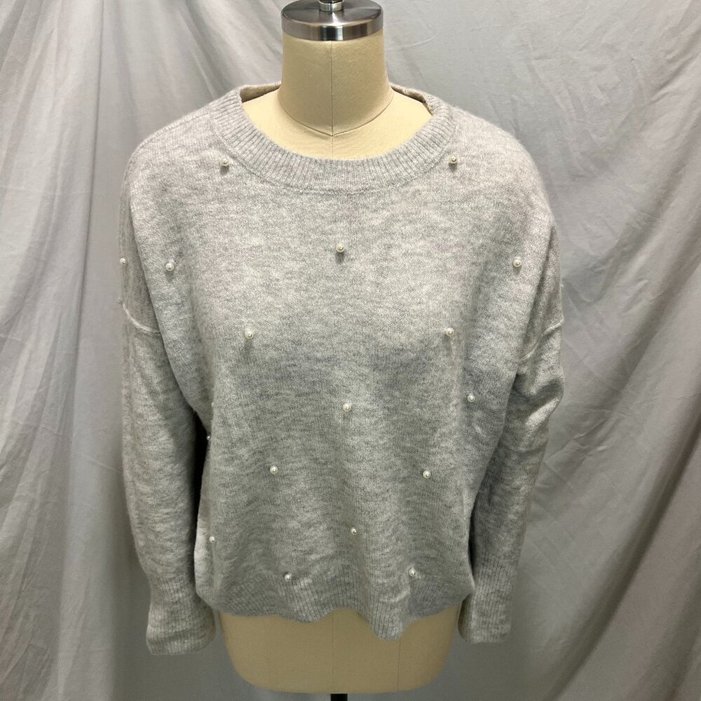 Cece Grey Crew Neck Pearl Accent Puff Sleeve Sweater Size M Used